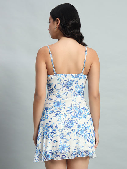 Allover Floral Print Ruffle Halter Short Draped Neck Cami Dress