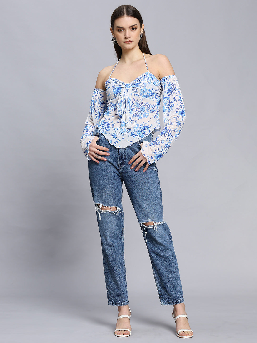 Elegant Printed  Bell Sleeve Cold-Shoulder Halter Neck Summery Top