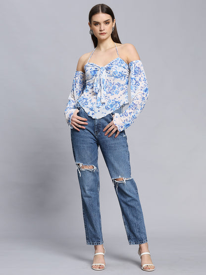 Elegant Printed  Bell Sleeve Cold-Shoulder Halter Neck Summery Top