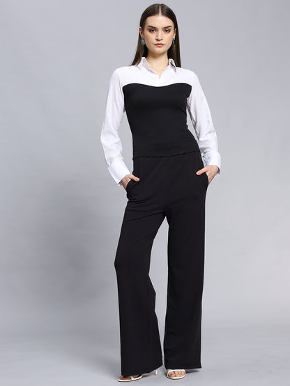 Black & White Long Sleeve Button-Up Casual Formal Sexy Blouse