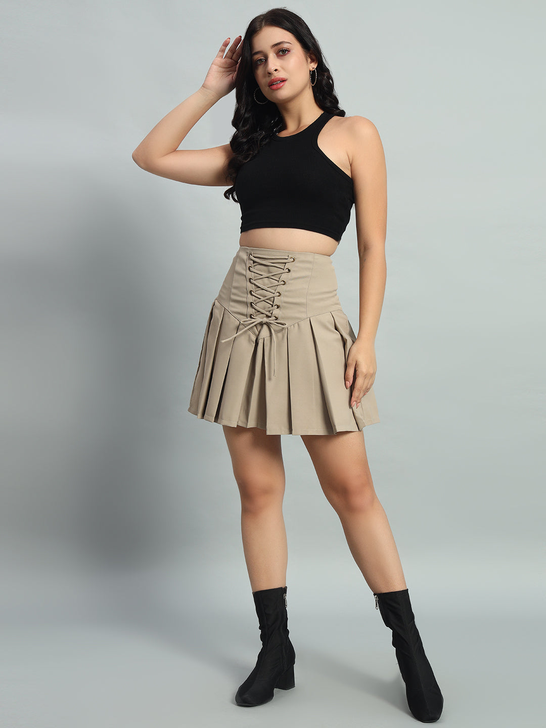 High Waist Cross Strap Pleated Skirt