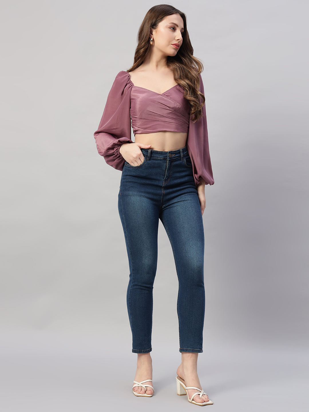 Solid colour puff sleeve tie back cropped casual top