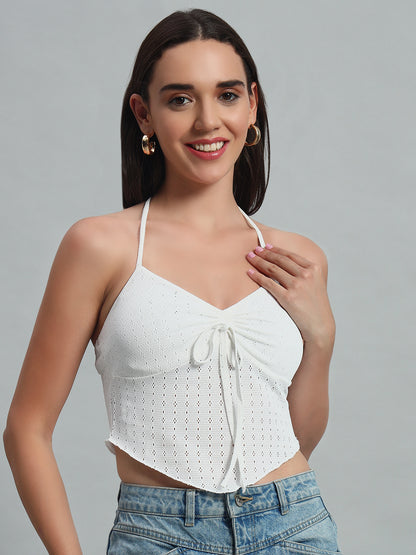 Solid Color Hollow Out Embroidery Chest Drawstring Backless Halter Top