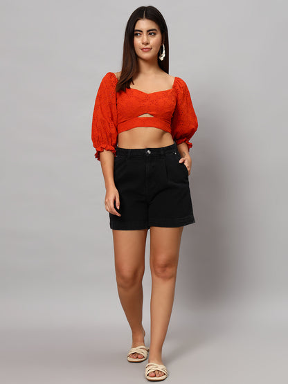 Rust orange hollow out embroidered  top