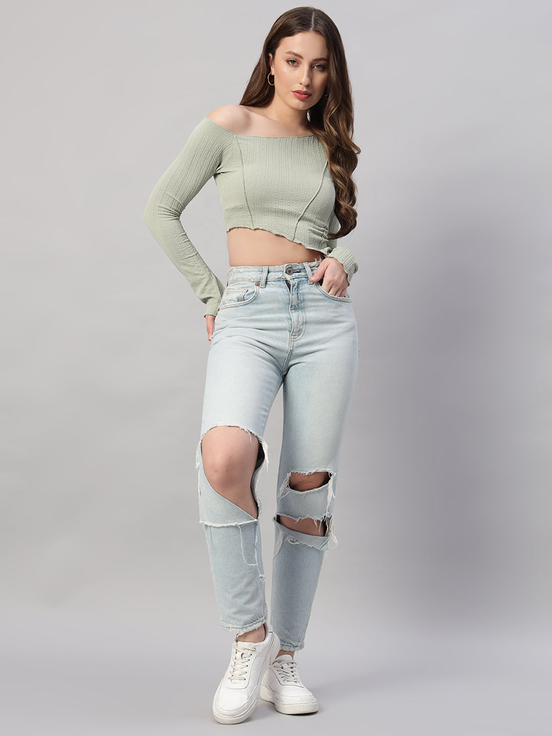 Asymmetrical Neck Lettuce Trim Crop Tee