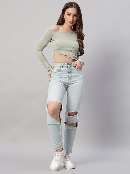 Asymmetrical Neck Lettuce Trim Crop Tee