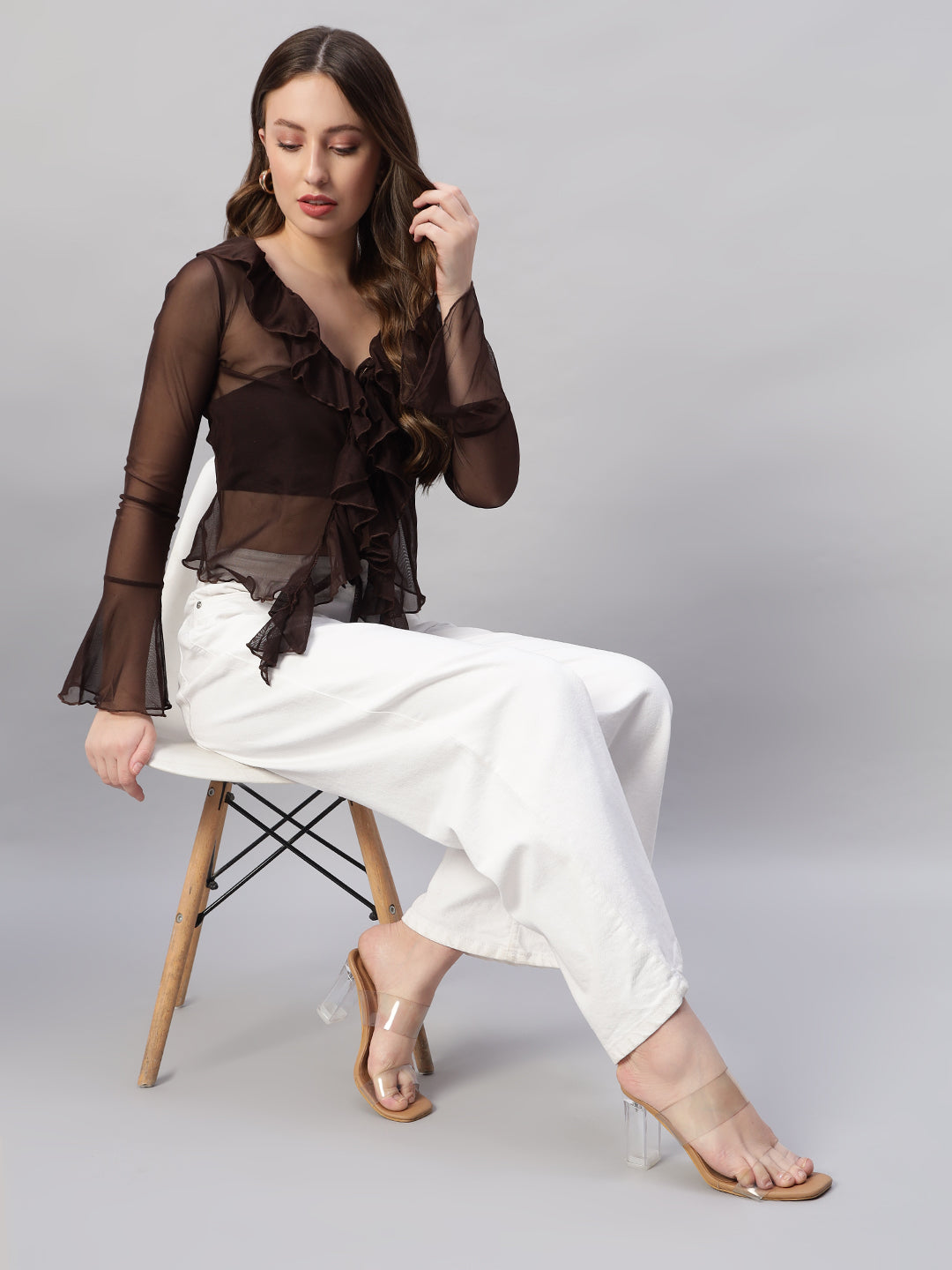Ruffle Trim Flare Sleeve Knot Front Lettuce Trim Mesh Top