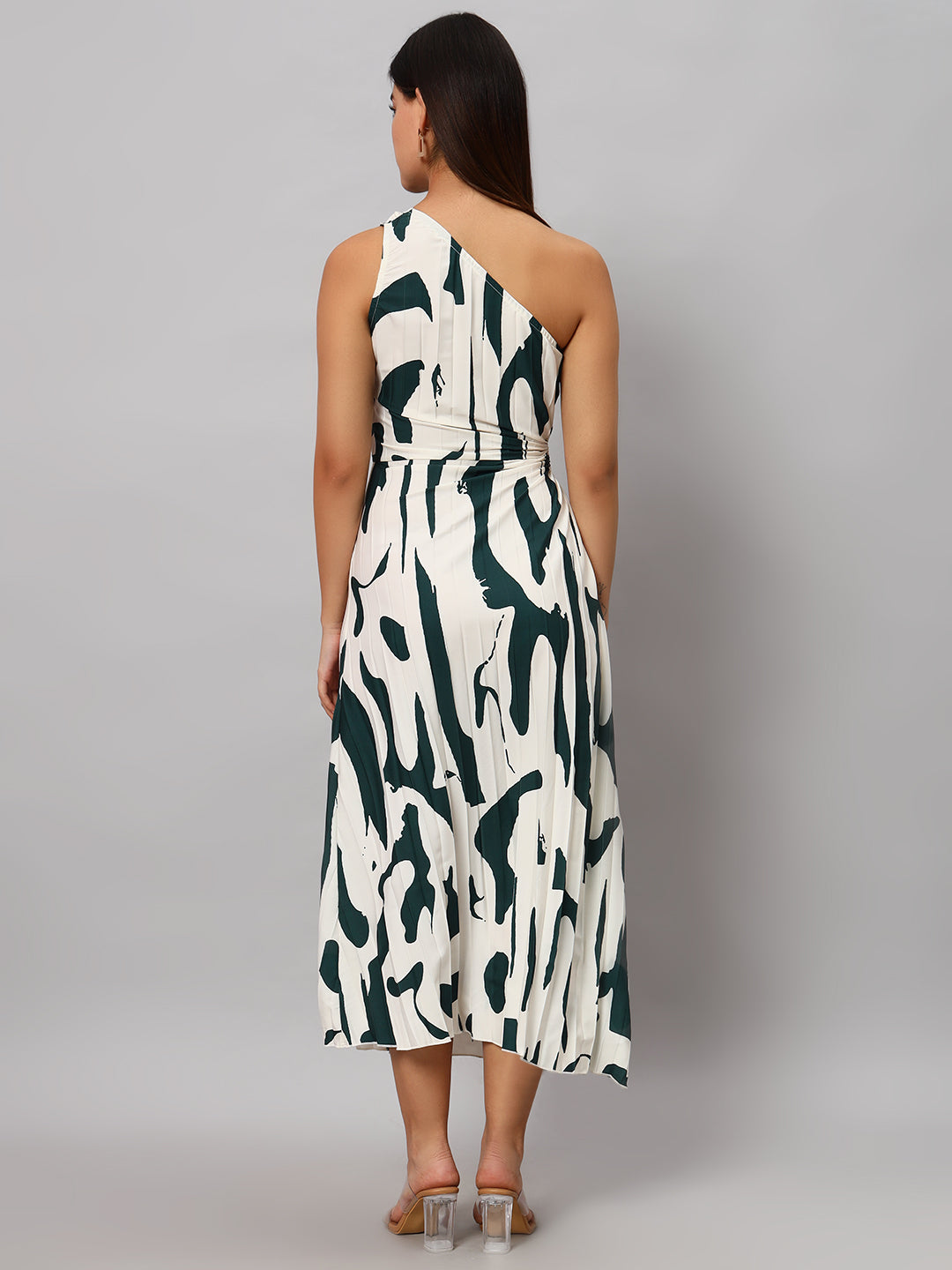 Asymmetric Neckline Pleated Hollow Out Printed Long Dress Maxi