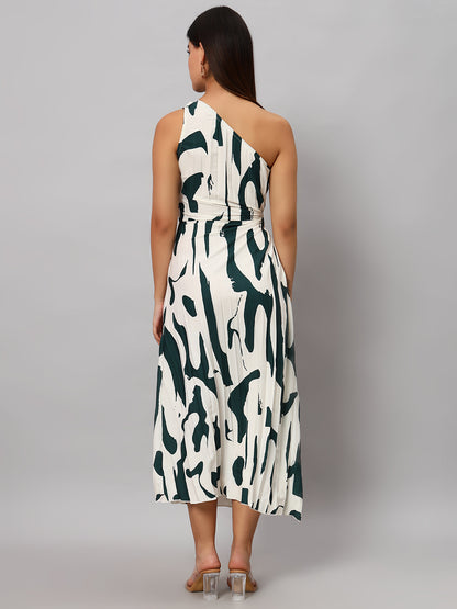 Asymmetric Neckline Pleated Hollow Out Printed Long Dress Maxi
