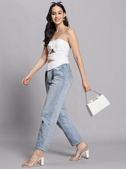 Summer Solid white  hollowed-cut Strapless top with flower design