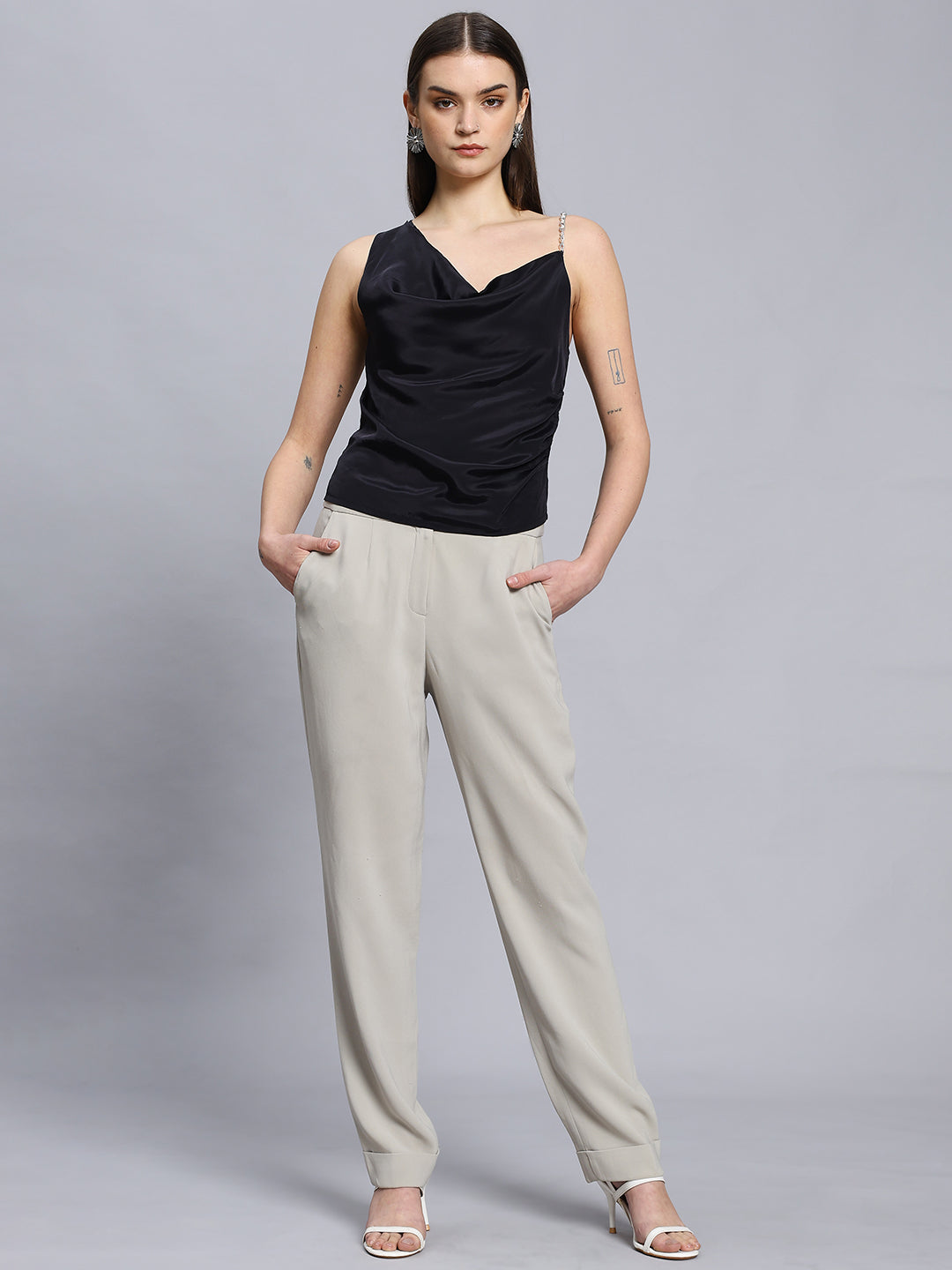 Asymmetrical Neck Chain Detai Draped Front Black Top