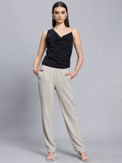 Asymmetrical Neck Chain Detai Draped Front Black Top