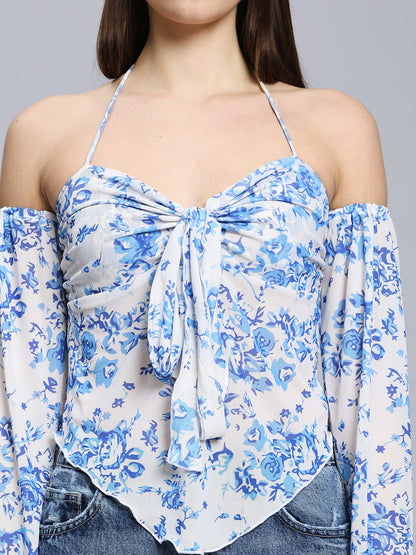 Elegant Printed  Bell Sleeve Cold-Shoulder Halter Neck Summery Top