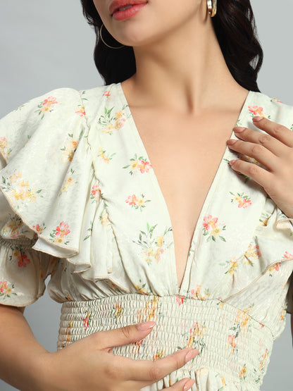 Fall Holiday Romantic White Ditsy Floral Print Ruffle Trim Puff Sleeve Dress